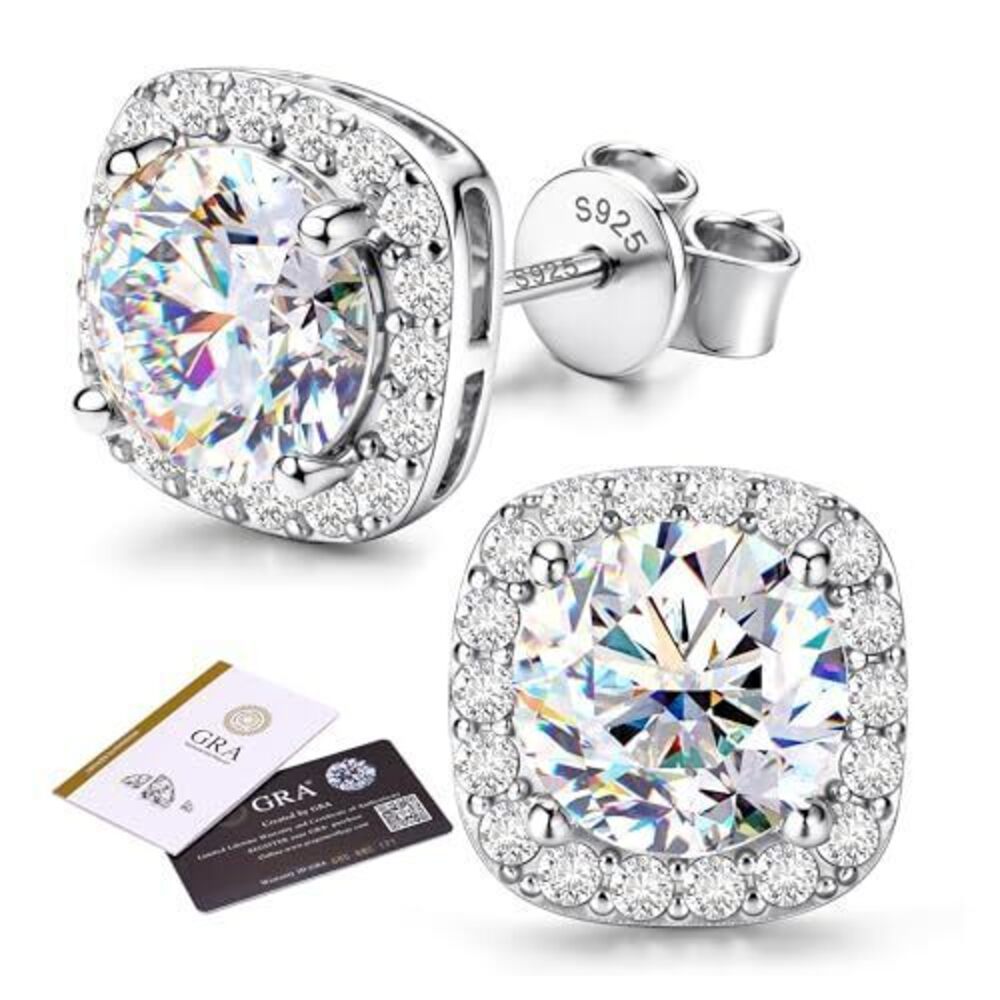 9350 Moissanite Halo Earrings Studs : 18K White Gold Plated 925 Sterling